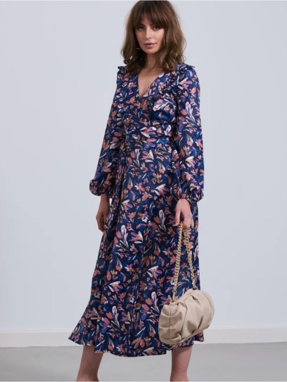 Little Mistress Blue Floral V Neck Ruffle Wrap Midi Dress| 4
